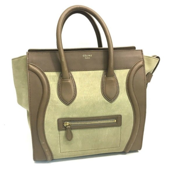 Authentic CELINE Mini Shopper Luggage Tote Bag Hand Bag Beige/Brown